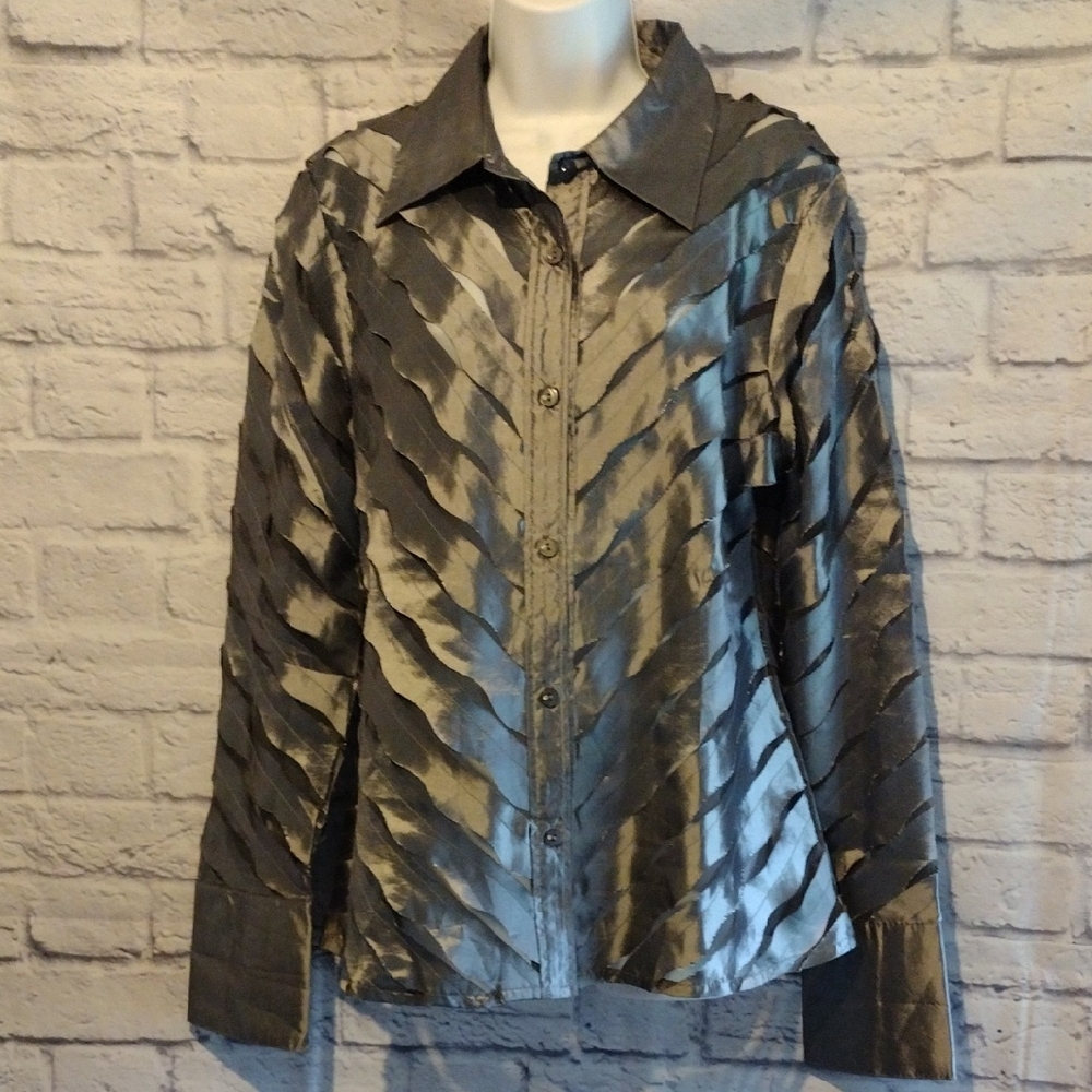 Aba Gray Ruffled Long Sleeve Button Down Blouse Size L